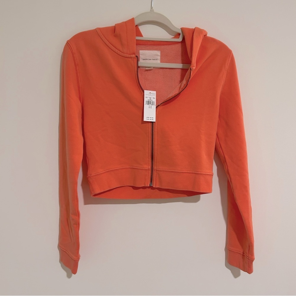 American Eagle Neon Orange Cropped Zip Up Jacket